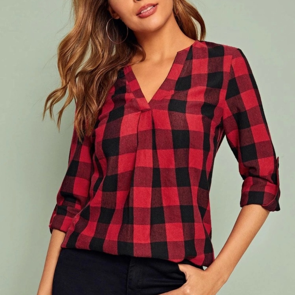 Buffalo plaid notched v neck roll tab long sleeve shirt top red black
